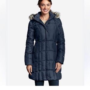 Eddie Bauer Navy Puffer Coat with Faux Fur Trim